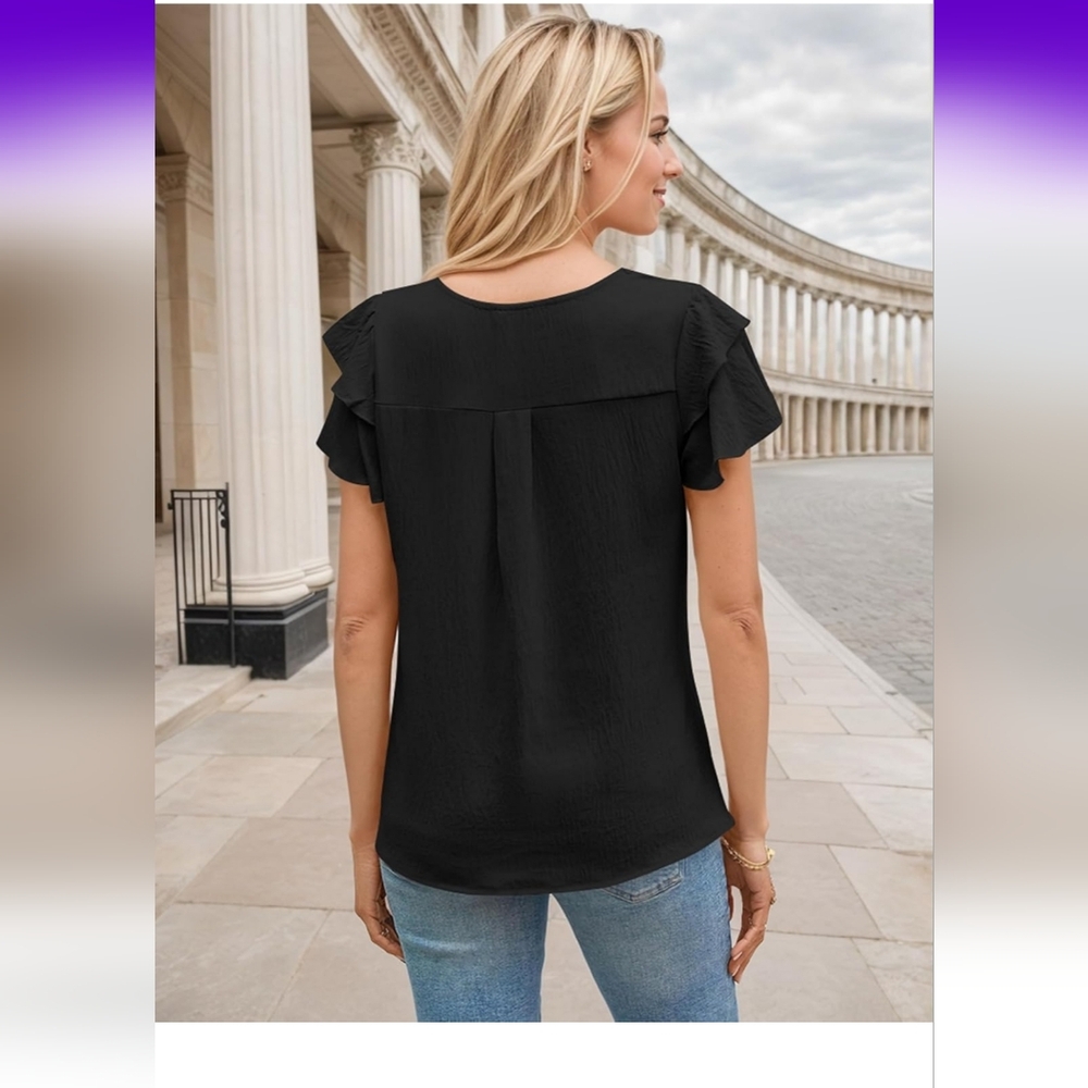Elegant Black and Green Ruffle Sleeve Tops - Picture 3 of 11